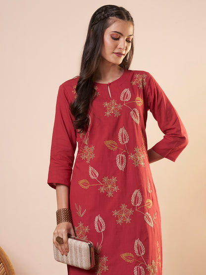 Solid Floral Threadwork Embroidered A-Line High Low Co-ord Set - Red