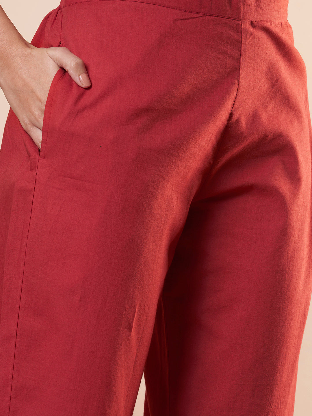 Solid Floral Threadwork Embroidered A-Line High Low Co-ord Set - Red