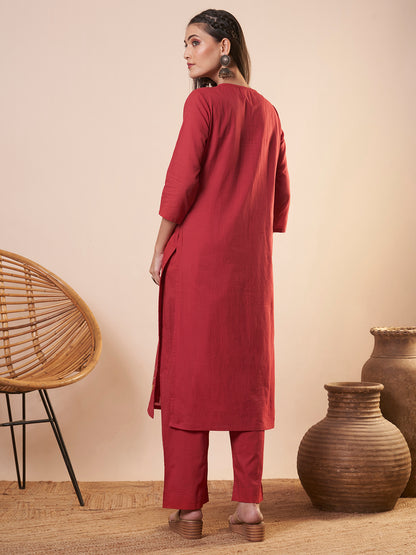 Solid Floral Threadwork Embroidered A-Line High Low Co-ord Set - Red