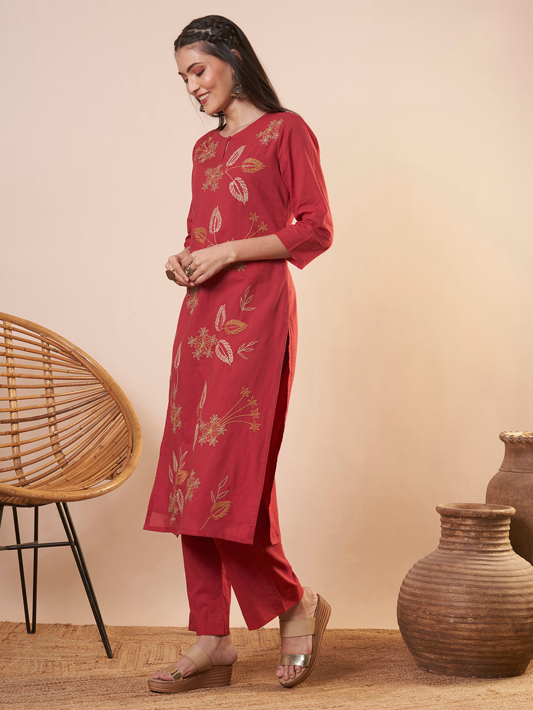 Solid Floral Threadwork Embroidered A-Line High Low Co-ord Set - Red