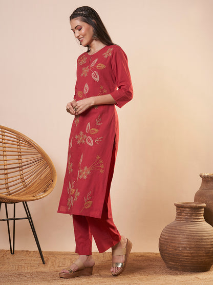 Solid Floral Threadwork Embroidered A-Line High Low Co-ord Set - Red