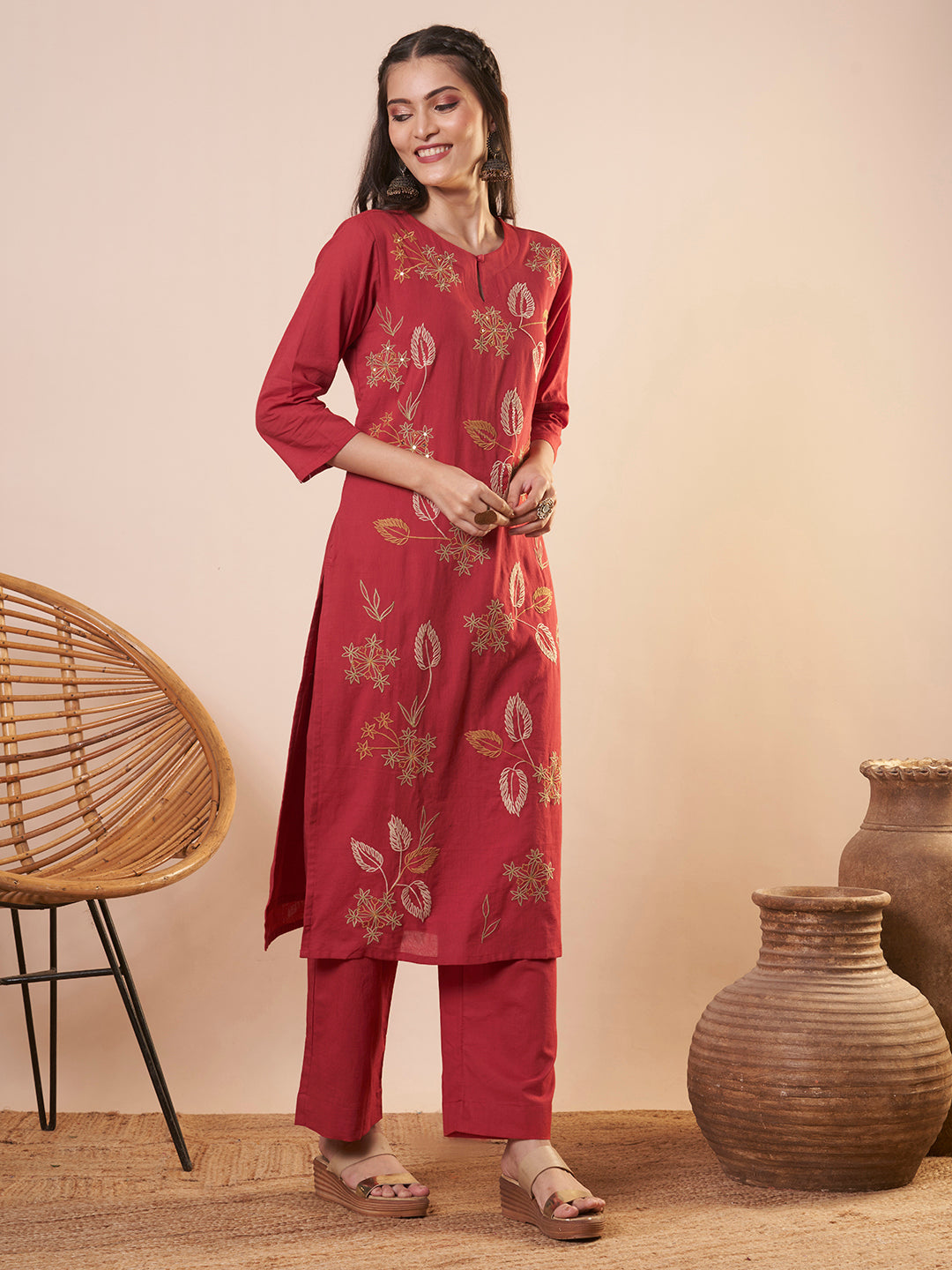 Solid Floral Threadwork Embroidered A-Line High Low Co-ord Set - Red