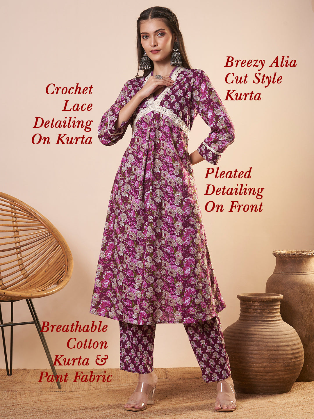 Ethnic Floral Printed & Embroidered A-Line Kurta with Pant - Purple