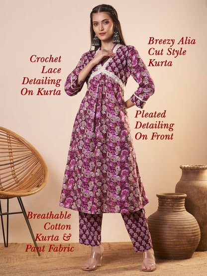 Ethnic Floral Printed & Embroidered A-Line Kurta with Pant - Purple