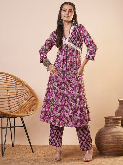 Ethnic Floral Printed & Embroidered A-Line Kurta with Pant - Purple