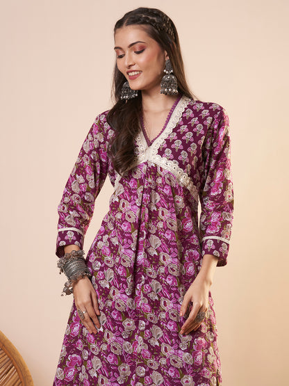 Ethnic Floral Printed & Embroidered A-Line Kurta with Pant - Purple