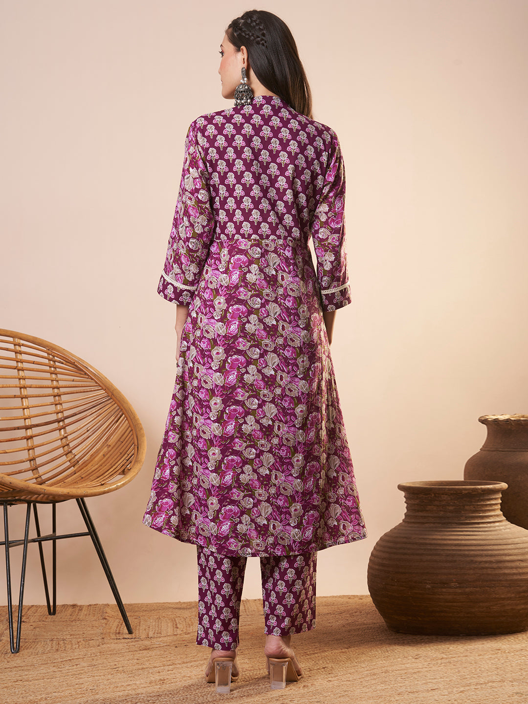 Ethnic Floral Printed & Embroidered A-Line Kurta with Pant - Purple