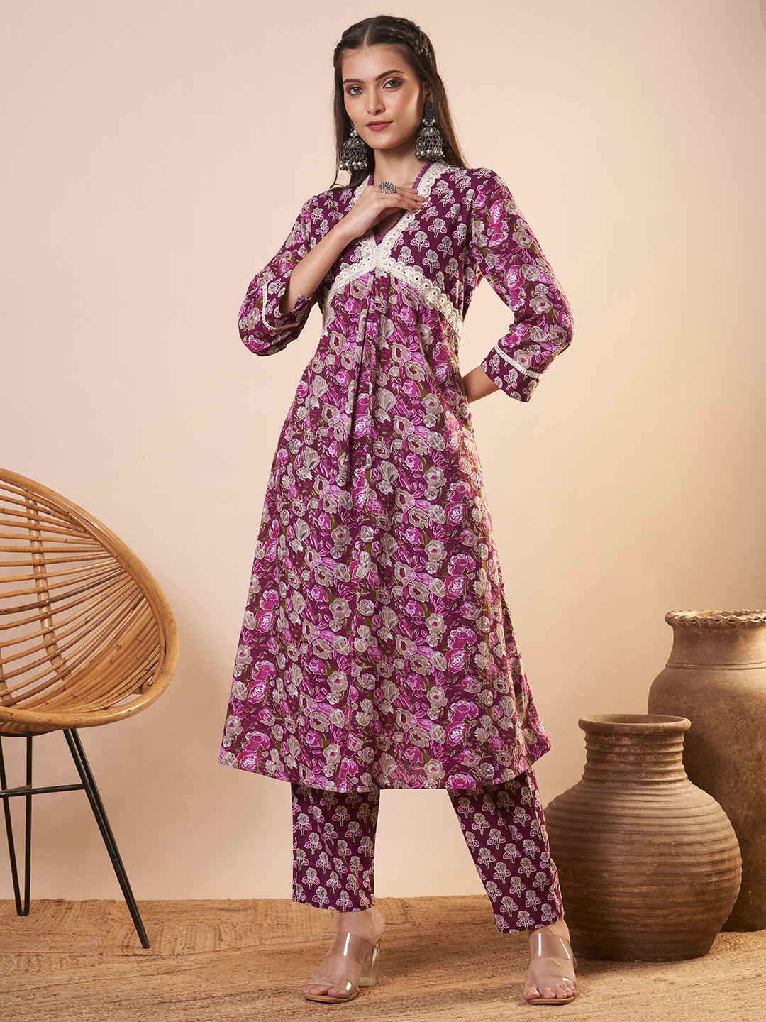 Ethnic Floral Printed & Embroidered A-Line Kurta with Pant - Purple