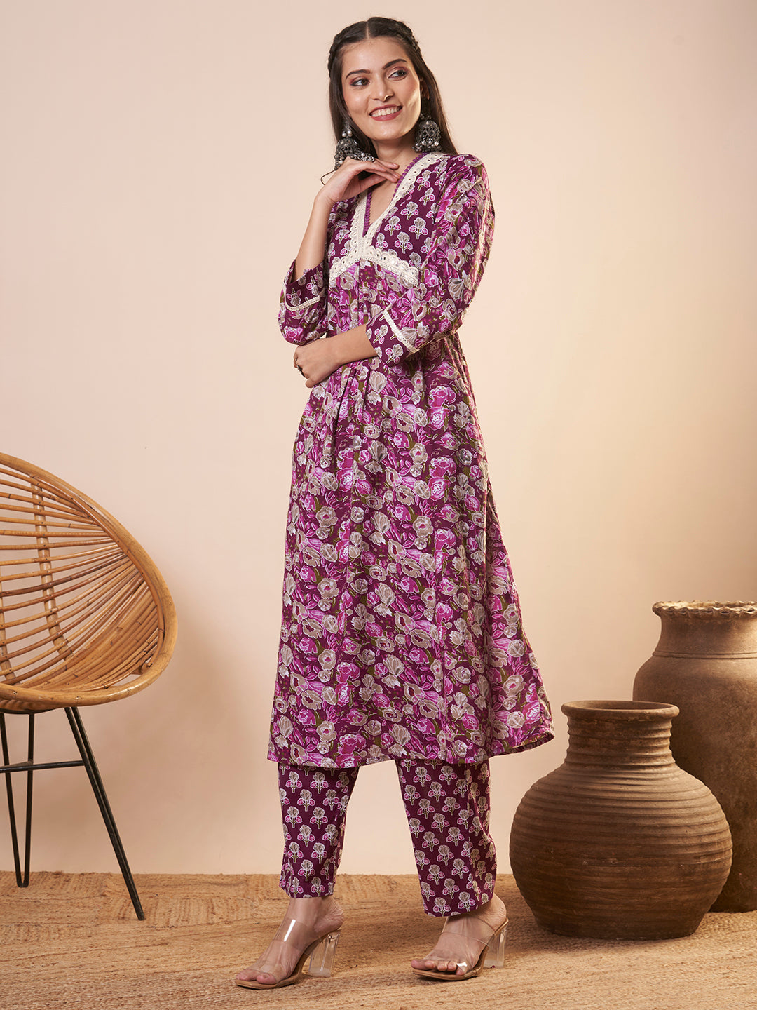 Ethnic Floral Printed & Embroidered A-Line Kurta with Pant - Purple