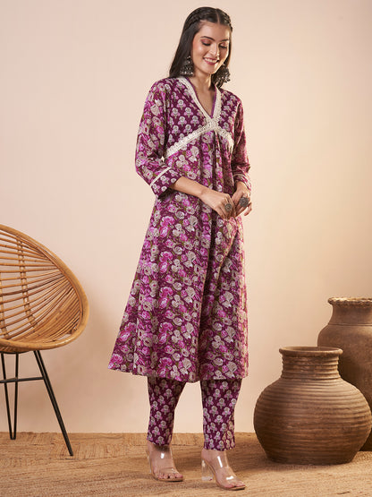 Ethnic Floral Printed & Embroidered A-Line Kurta with Pant - Purple