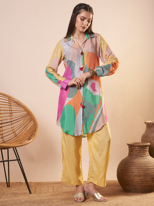 Abstract Printed & Embroidered A-Line Kurta with Pant - Multi