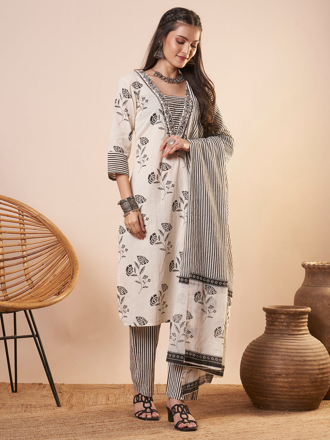 Ethnic Floral Printed & Embroidered Straight Kurta with Pant and Dupatta - Off White