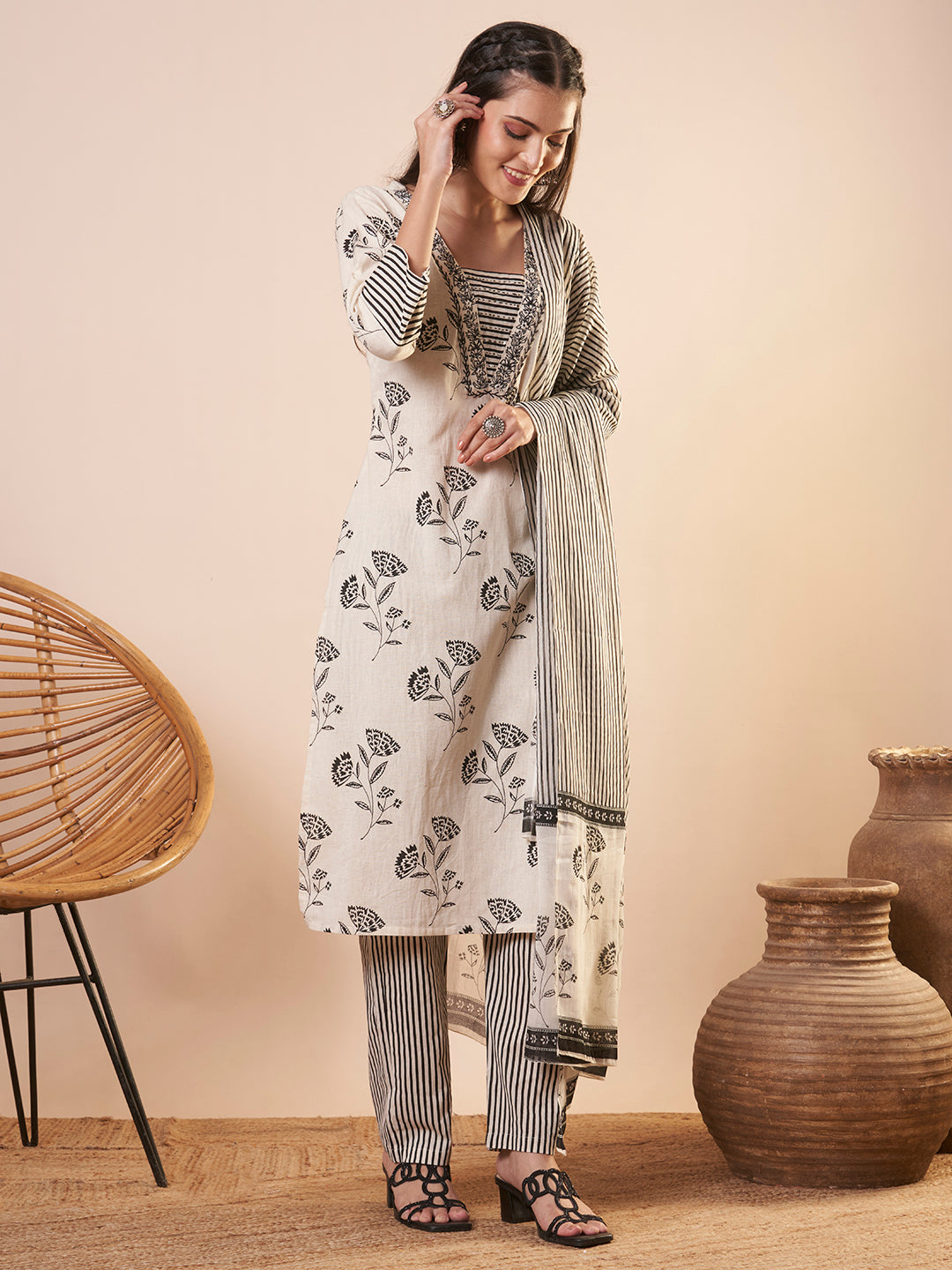 Ethnic Floral Printed & Embroidered Straight Kurta with Pant and Dupatta - Off White