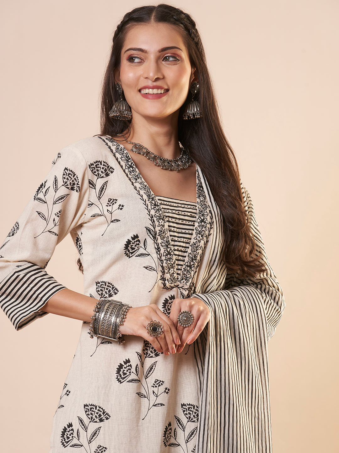 Ethnic Floral Printed & Embroidered Straight Kurta with Pant and Dupatta - Off White