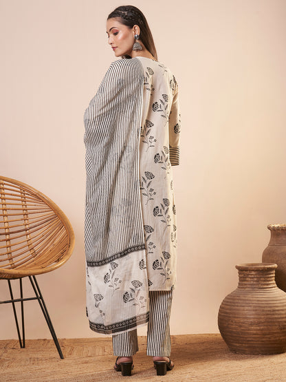 Ethnic Floral Printed & Embroidered Straight Kurta with Pant and Dupatta - Off White