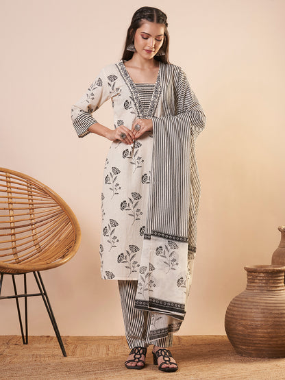 Ethnic Floral Printed & Embroidered Straight Kurta with Pant and Dupatta - Off White