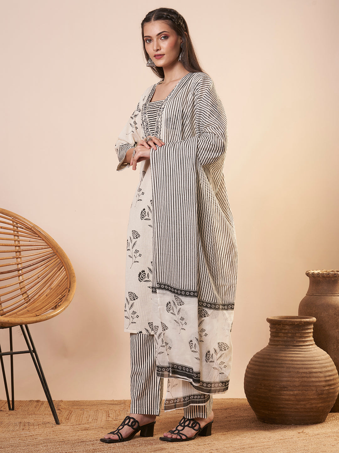 Ethnic Floral Printed & Embroidered Straight Kurta with Pant and Dupatta - Off White