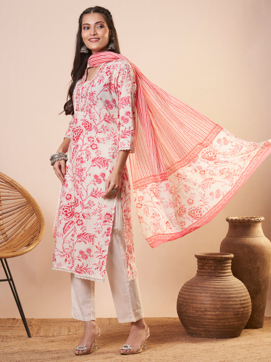 Ethnic Floral Printed & Embroidered Straight Kurta with Pant and Dupatta - Off White