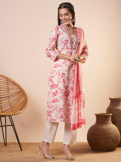 Ethnic Floral Printed & Embroidered Straight Kurta with Pant and Dupatta - Off White