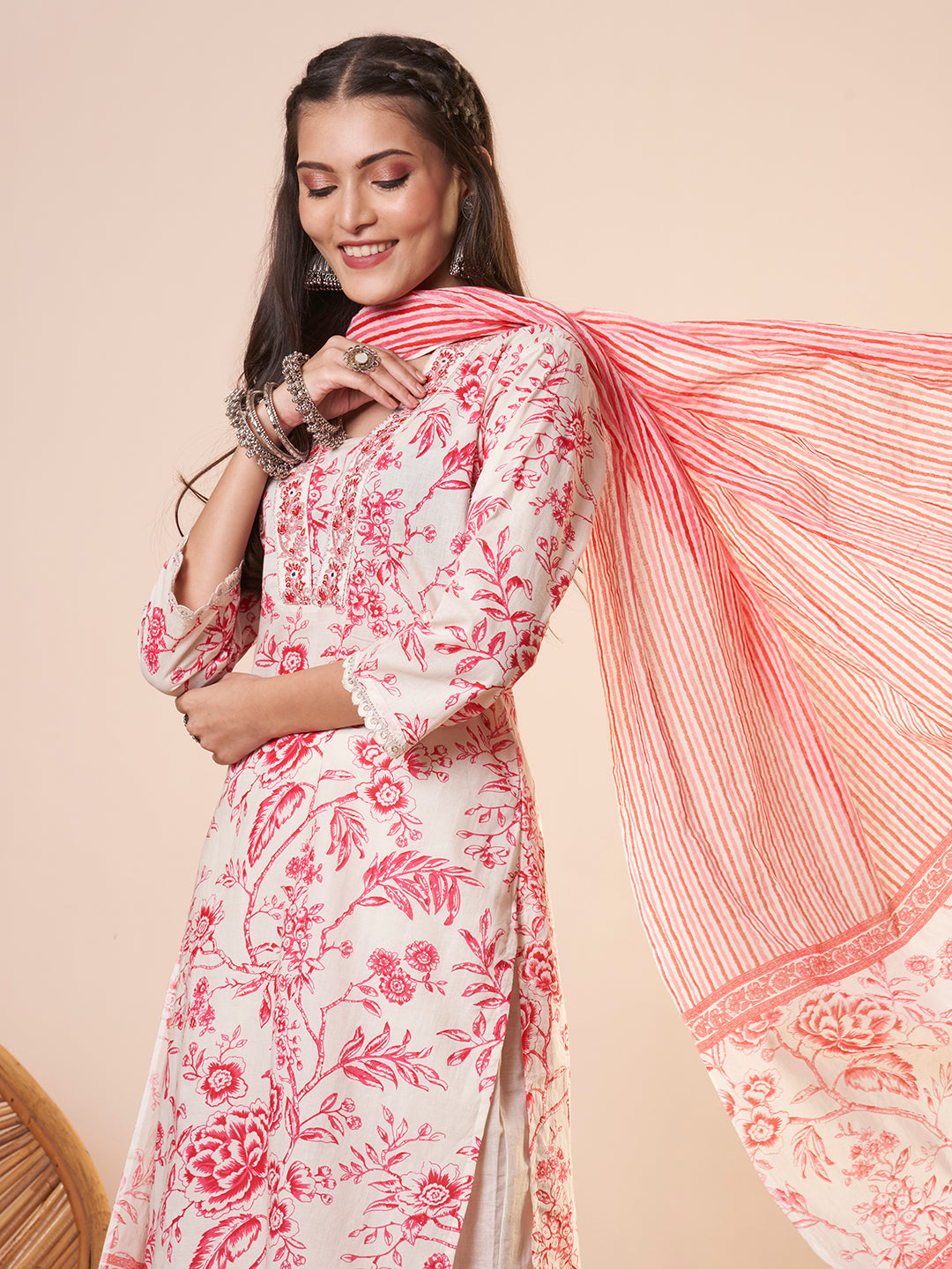 Ethnic Floral Printed & Embroidered Straight Kurta with Pant and Dupatta - Off White