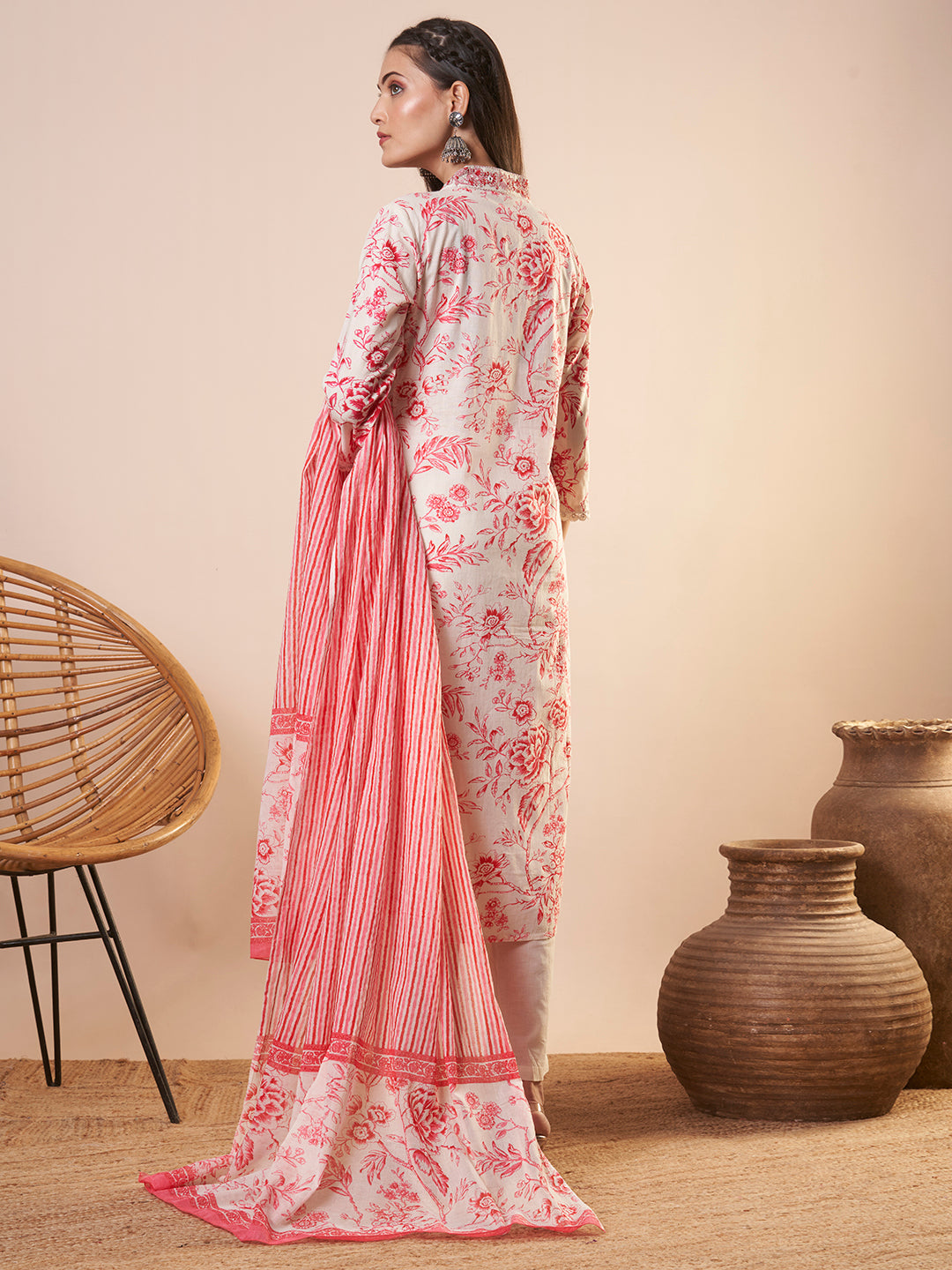 Ethnic Floral Printed & Embroidered Straight Kurta with Pant and Dupatta - Off White