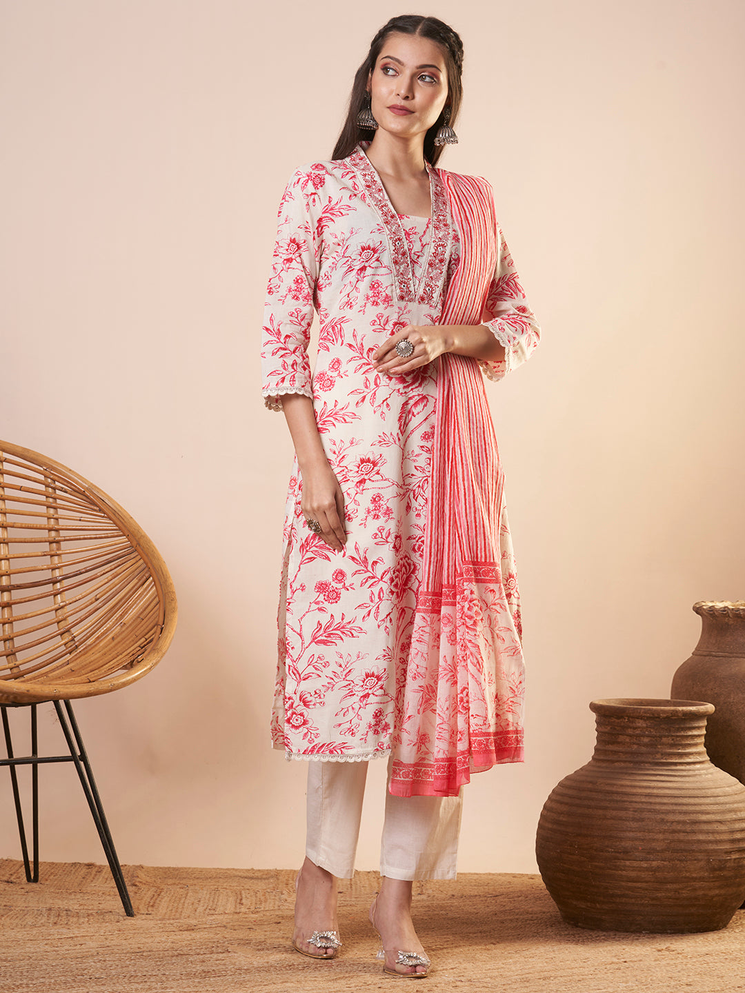 Ethnic Floral Printed & Embroidered Straight Kurta with Pant and Dupatta - Off White