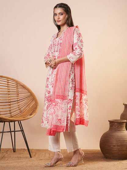 Ethnic Floral Printed & Embroidered Straight Kurta with Pant and Dupatta - Off White