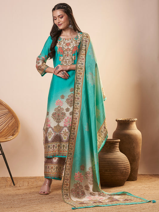 Ethnic Floral Printed & Embroidered Straight Kurta with Pant and Dupatta - Turquoise Blue