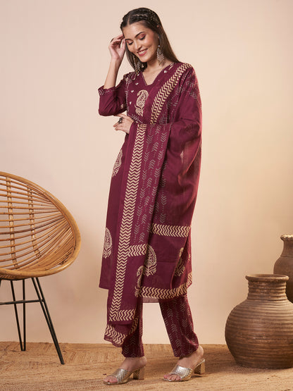 Ethnic Printed Straight Kurta with Pant and Dupatta - Maroon