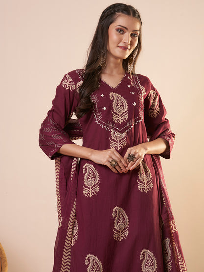 Ethnic Printed Straight Kurta with Pant and Dupatta - Maroon