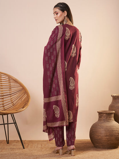 Ethnic Printed Straight Kurta with Pant and Dupatta - Maroon