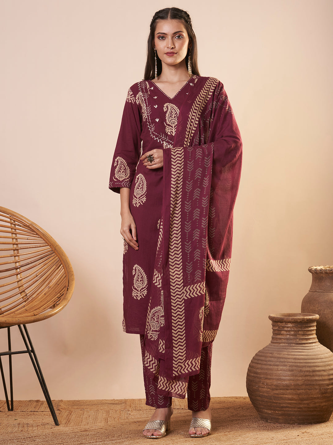 Ethnic Printed Straight Kurta with Pant and Dupatta - Maroon