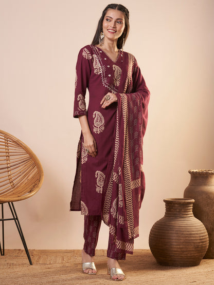 Ethnic Printed Straight Kurta with Pant and Dupatta - Maroon