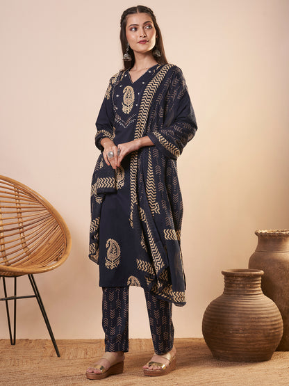 Ethnic Printed Straight Kurta with Pant and Dupatta - Blue