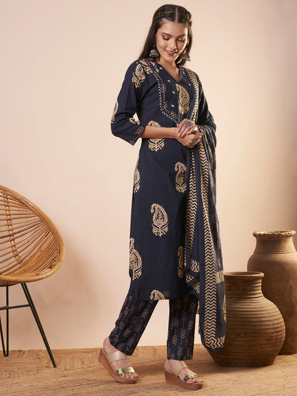 Ethnic Printed Straight Kurta with Pant and Dupatta - Blue