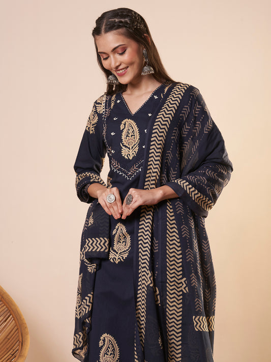 Ethnic Printed Straight Kurta with Pant and Dupatta - Blue