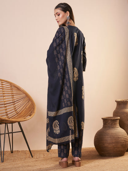 Ethnic Printed Straight Kurta with Pant and Dupatta - Blue