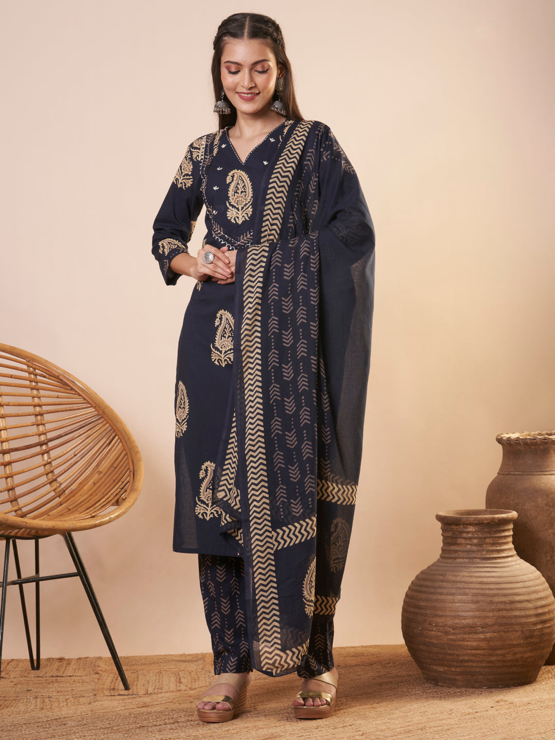 Ethnic Printed Straight Kurta with Pant and Dupatta - Blue