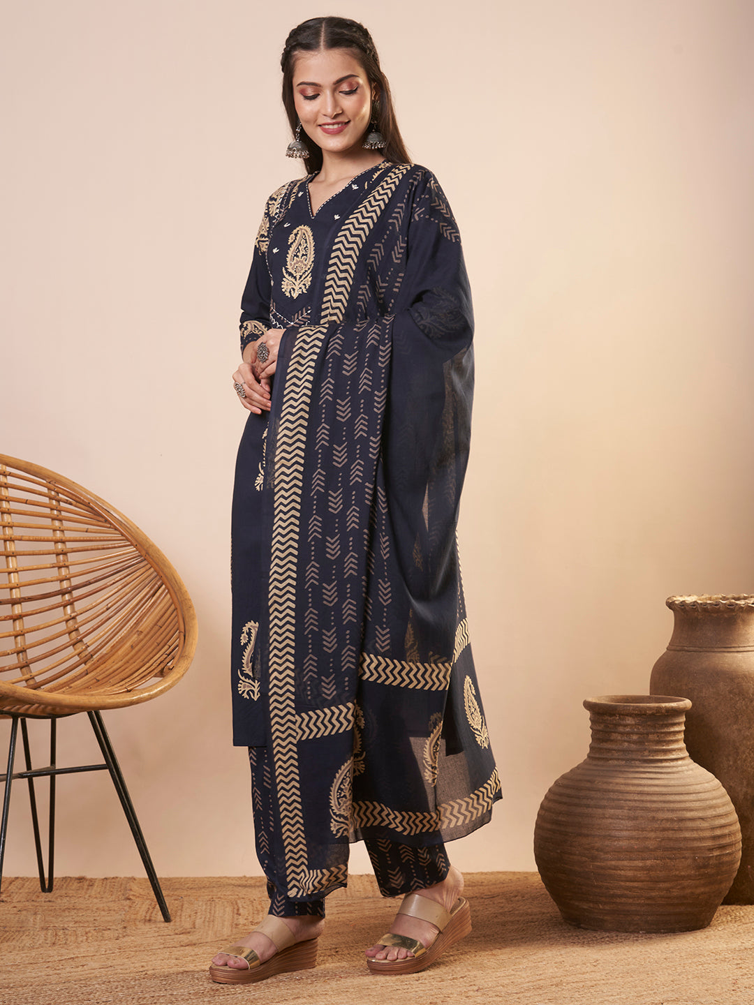 Ethnic Printed Straight Kurta with Pant and Dupatta - Blue