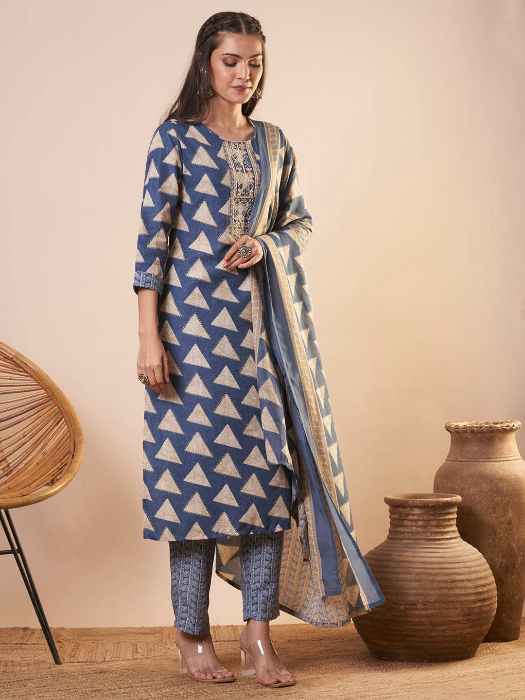 Ethnic Printed & Embroidered Straight Kurta with Pant and Dupatta - Blue