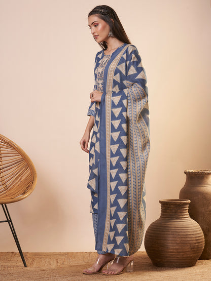 Ethnic Printed & Embroidered Straight Kurta with Pant and Dupatta - Blue