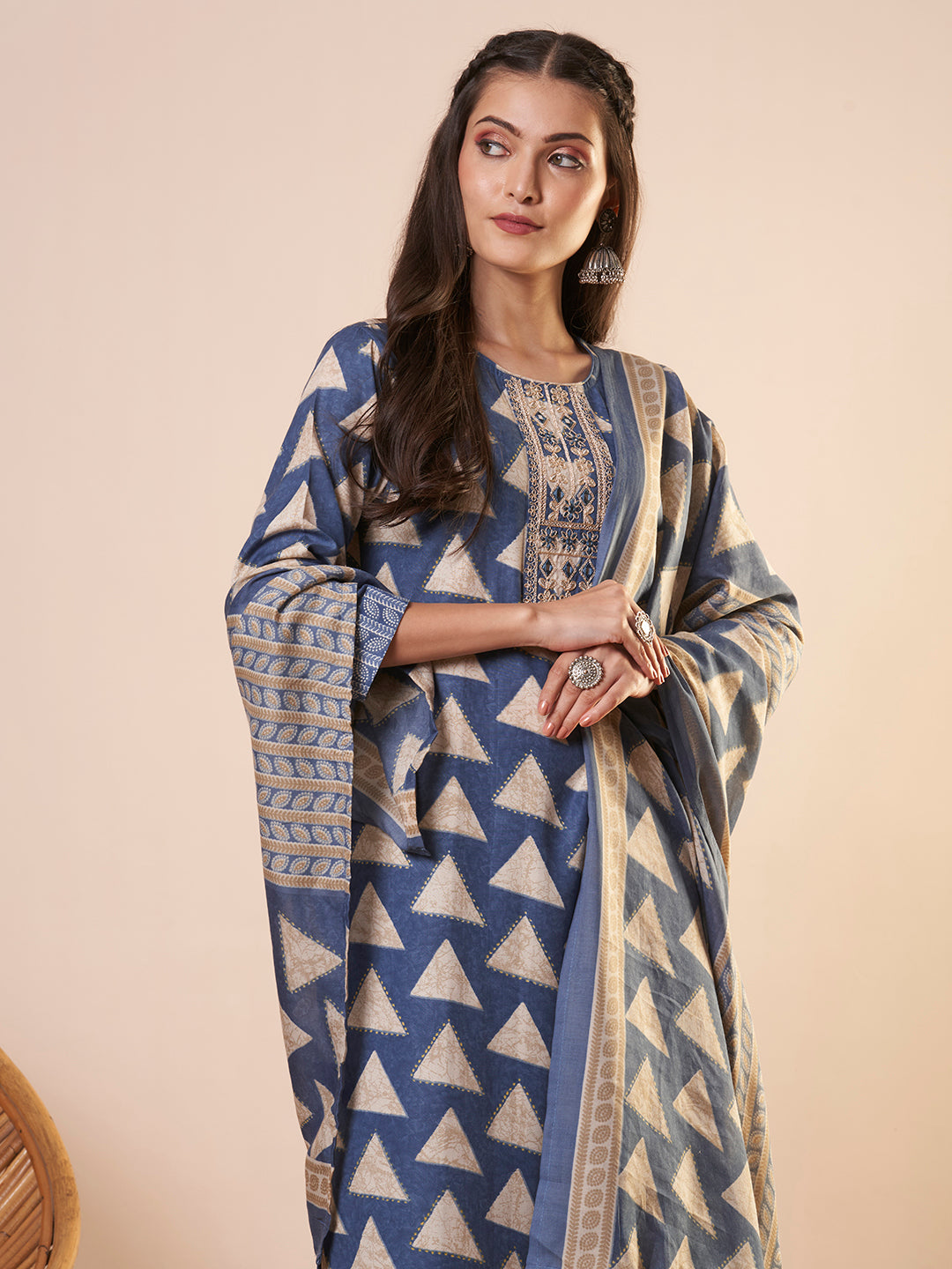 Ethnic Printed & Embroidered Straight Kurta with Pant and Dupatta - Blue