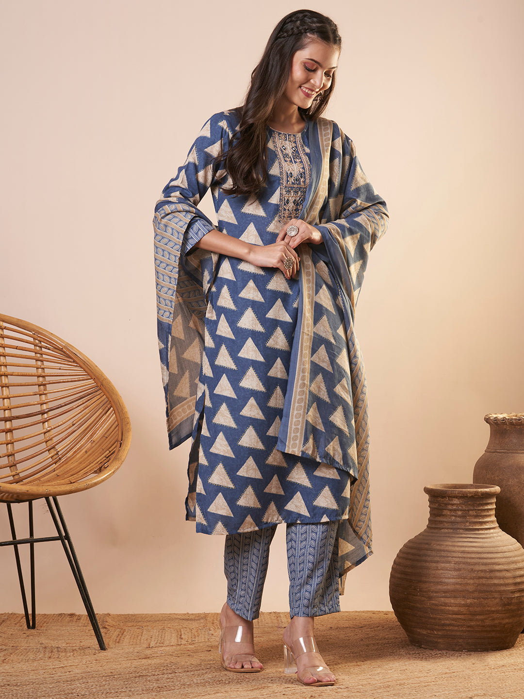 Ethnic Printed & Embroidered Straight Kurta with Pant and Dupatta - Blue