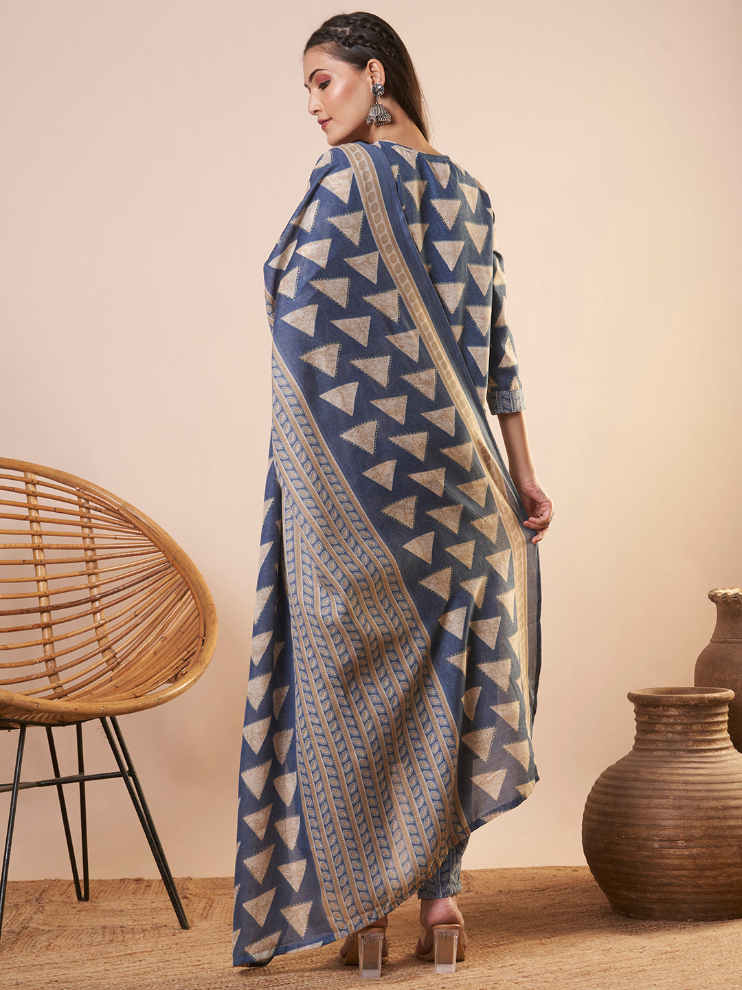 Ethnic Printed & Embroidered Straight Kurta with Pant and Dupatta - Blue