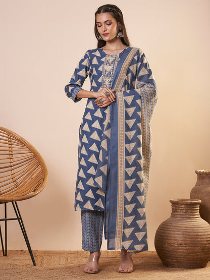 Ethnic Printed & Embroidered Straight Kurta with Pant and Dupatta - Blue