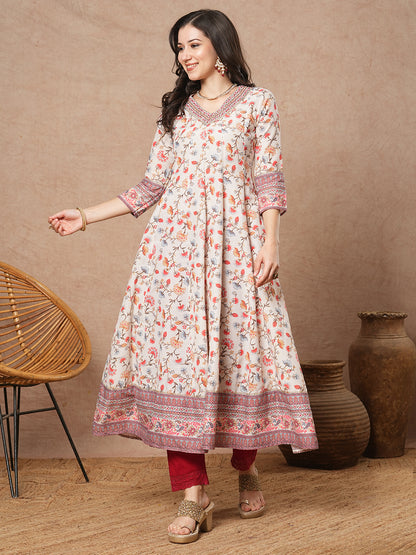 Ethnic Floral Printed & Embroidered Anarkali Flared Kurta - Off White