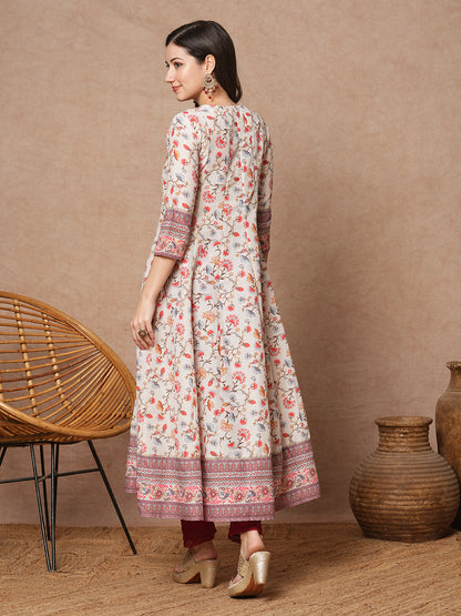 Ethnic Floral Printed & Embroidered Anarkali Flared Kurta - Off White