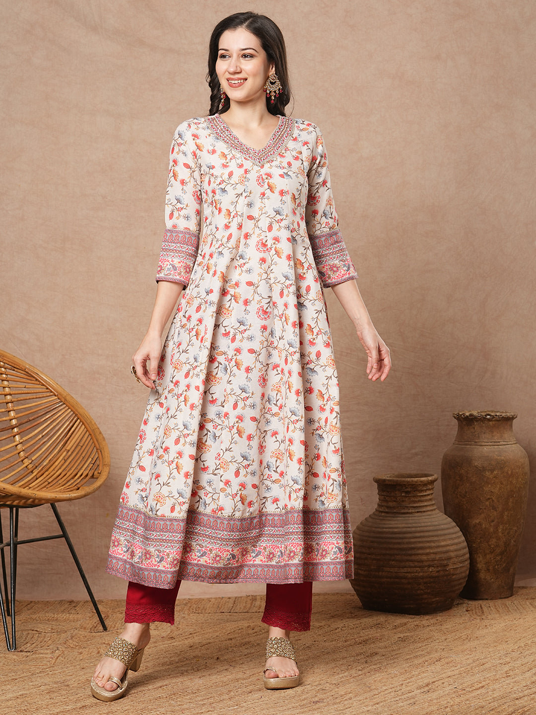 Ethnic Floral Printed & Embroidered Anarkali Flared Kurta - Off White