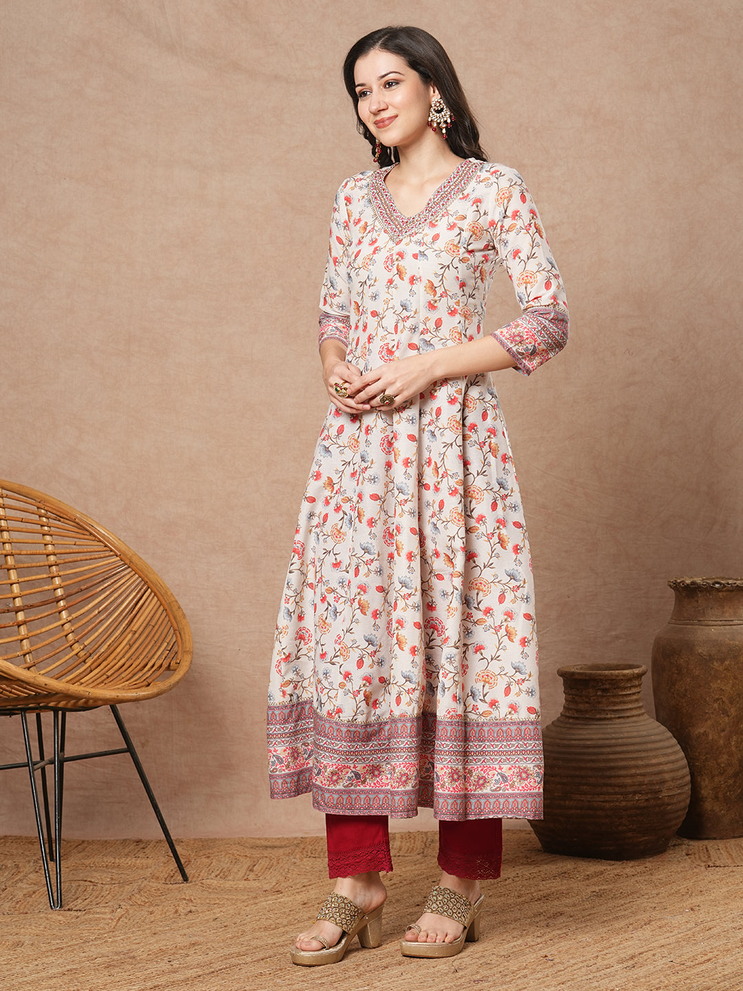 Ethnic Floral Printed & Embroidered Anarkali Flared Kurta - Off White