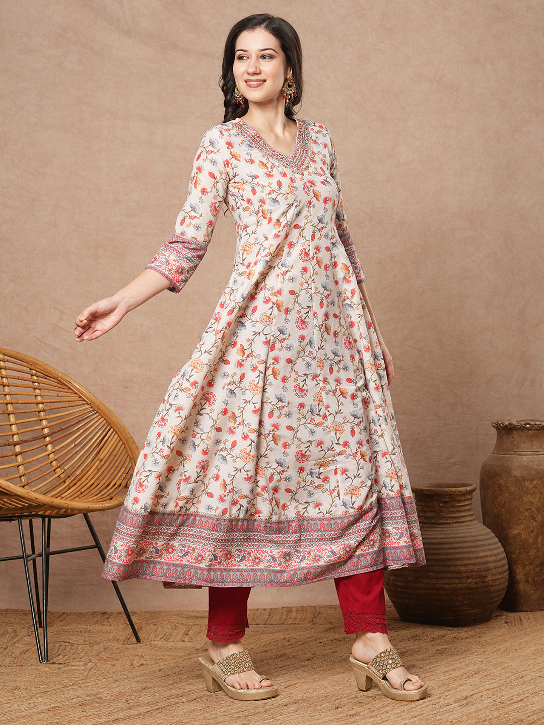 Ethnic Floral Printed & Embroidered Anarkali Flared Kurta - Off White